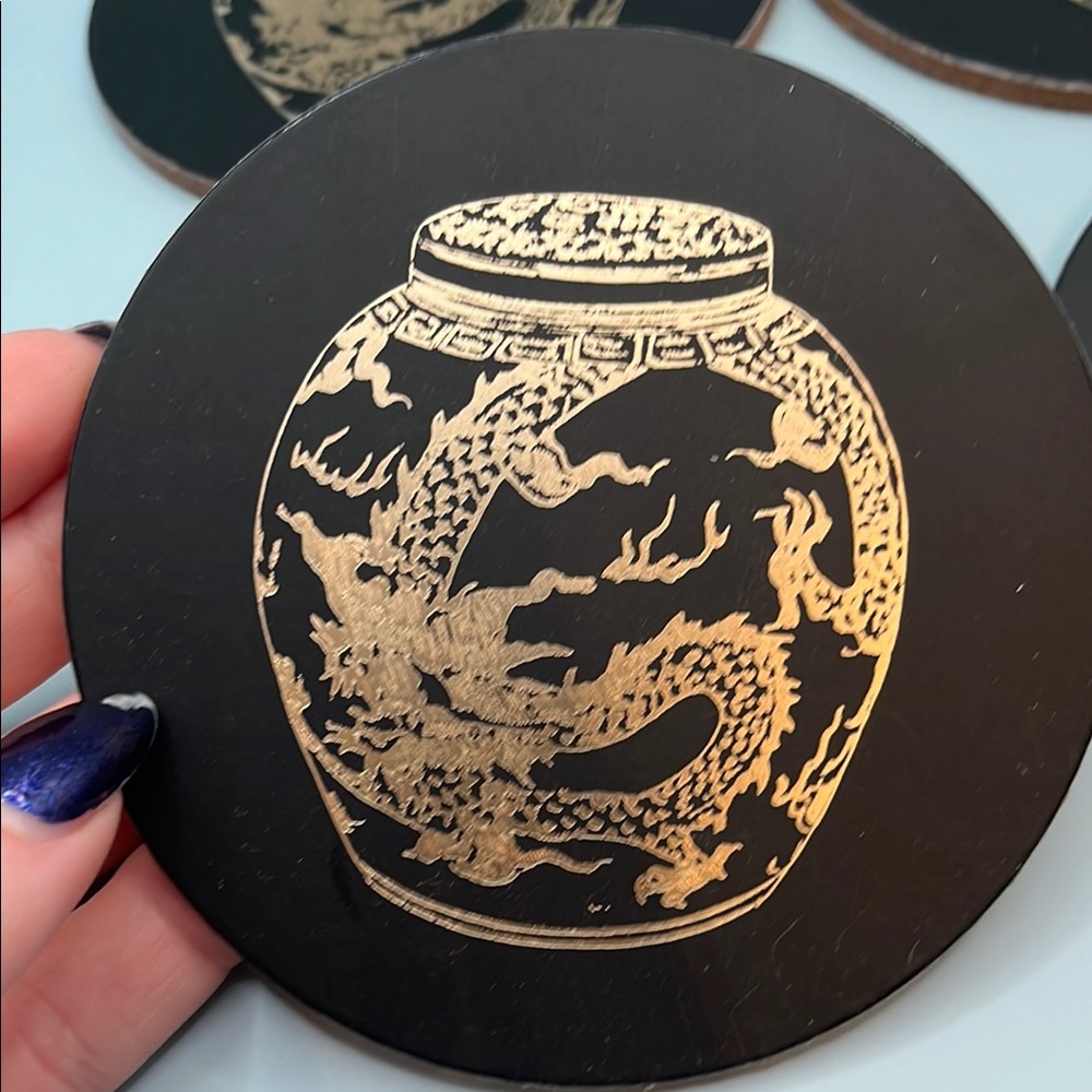 *3 for $15 item* Elegant Pinyin Press Black and Gold Ginger Jar Coasters Set - Picture 2 of 6